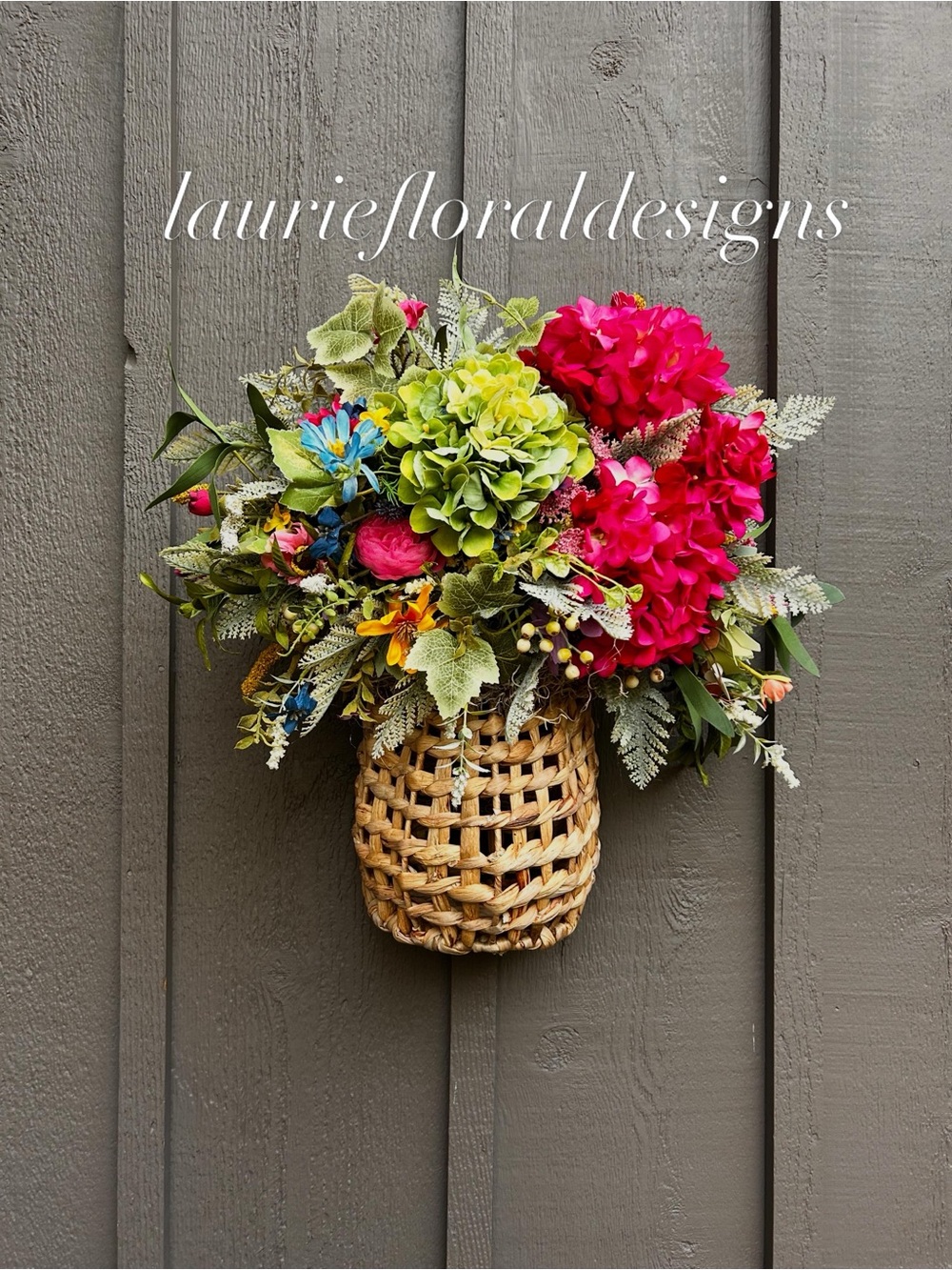 Pink & Green Hydrangea Basket Wall Accent ferns